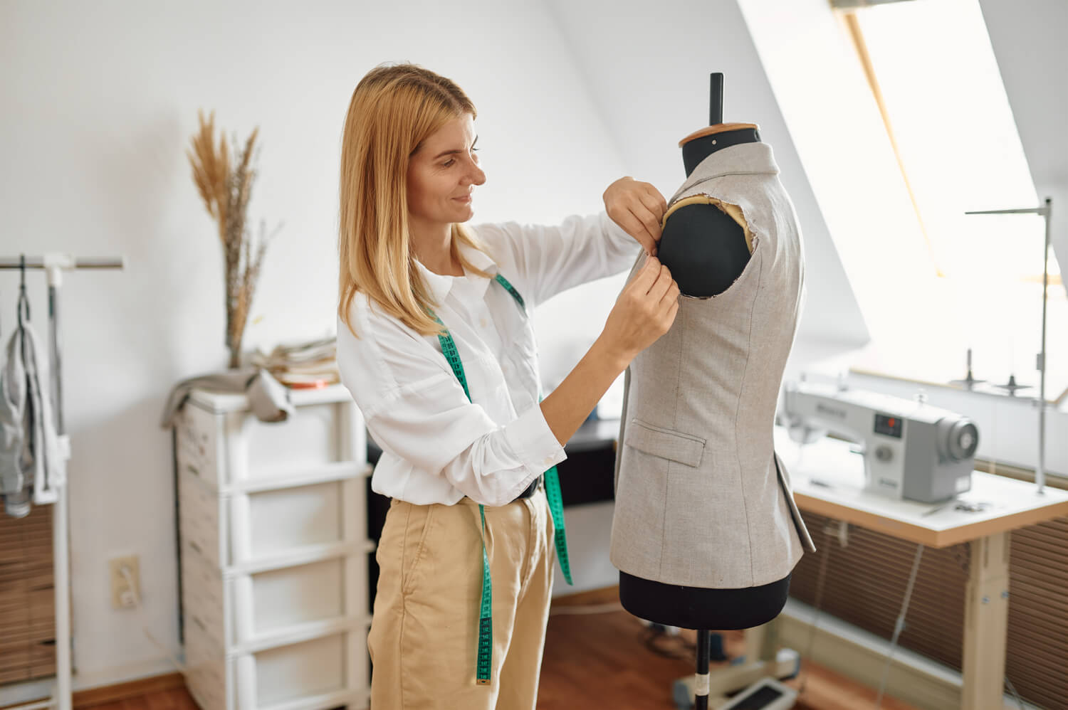 dressmaker tries on dress on mannequin workshop E6J5AAB